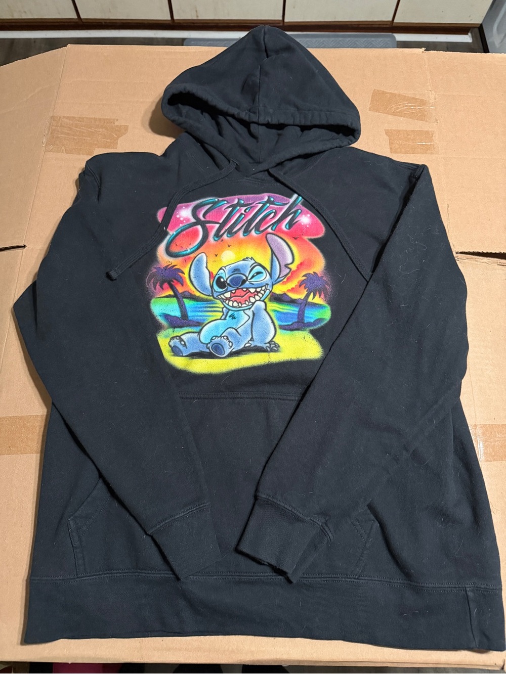 Disney Black Crewneck Hoodie with Colorful Stitch Graphic